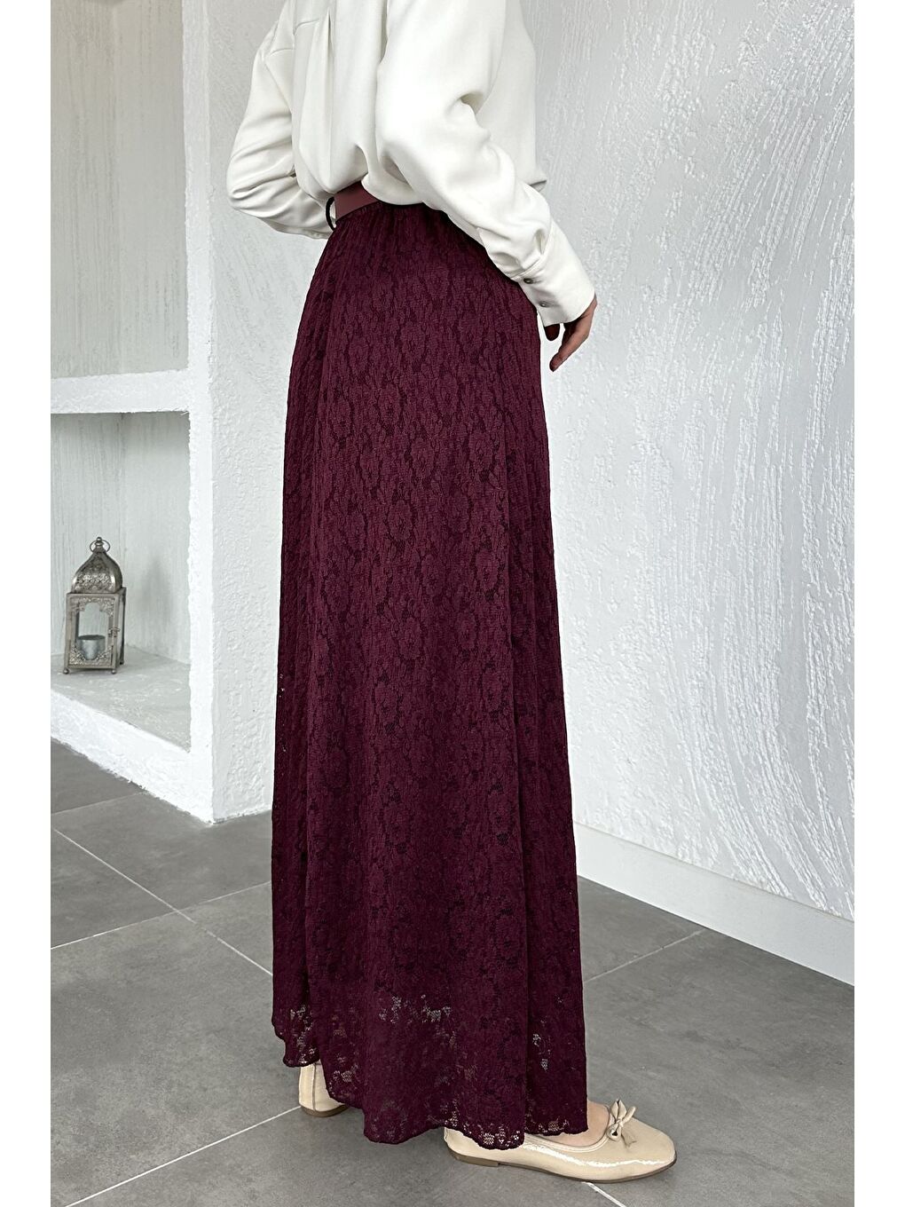 Bordo Bel Lastikli Güpürlü Kemer Aksesuarlı Elastanlı Tesettür Etek-4