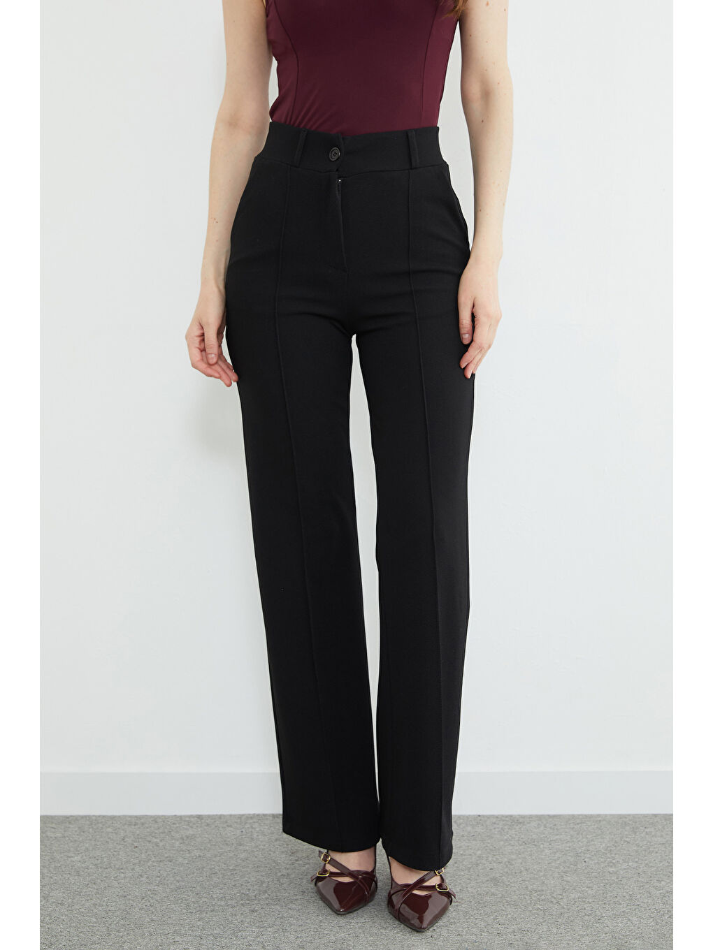 Siyah Çimalı Yüksek Bel Palazzo Pantolon-4