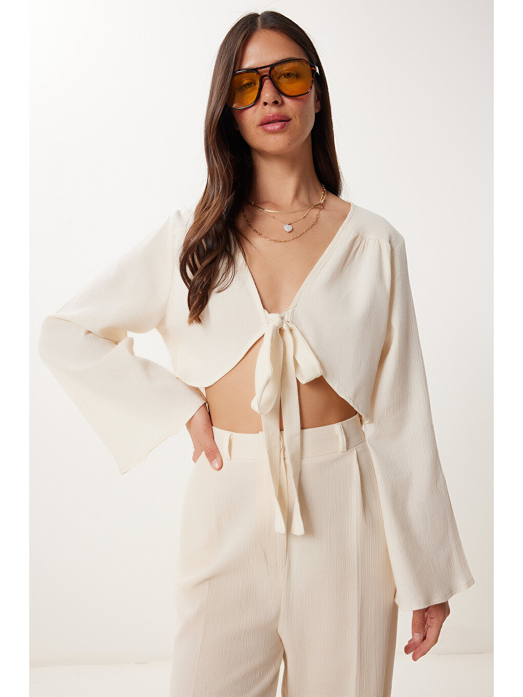 Ekru Bağlama Detaylı Keten Bluz Pantolon Takım KREM LBV0068-3