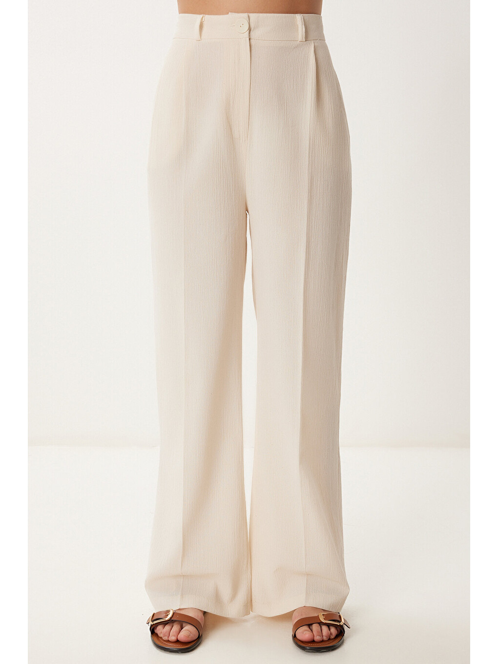 Ekru Bağlama Detaylı Keten Bluz Pantolon Takım KREM LBV0068-4