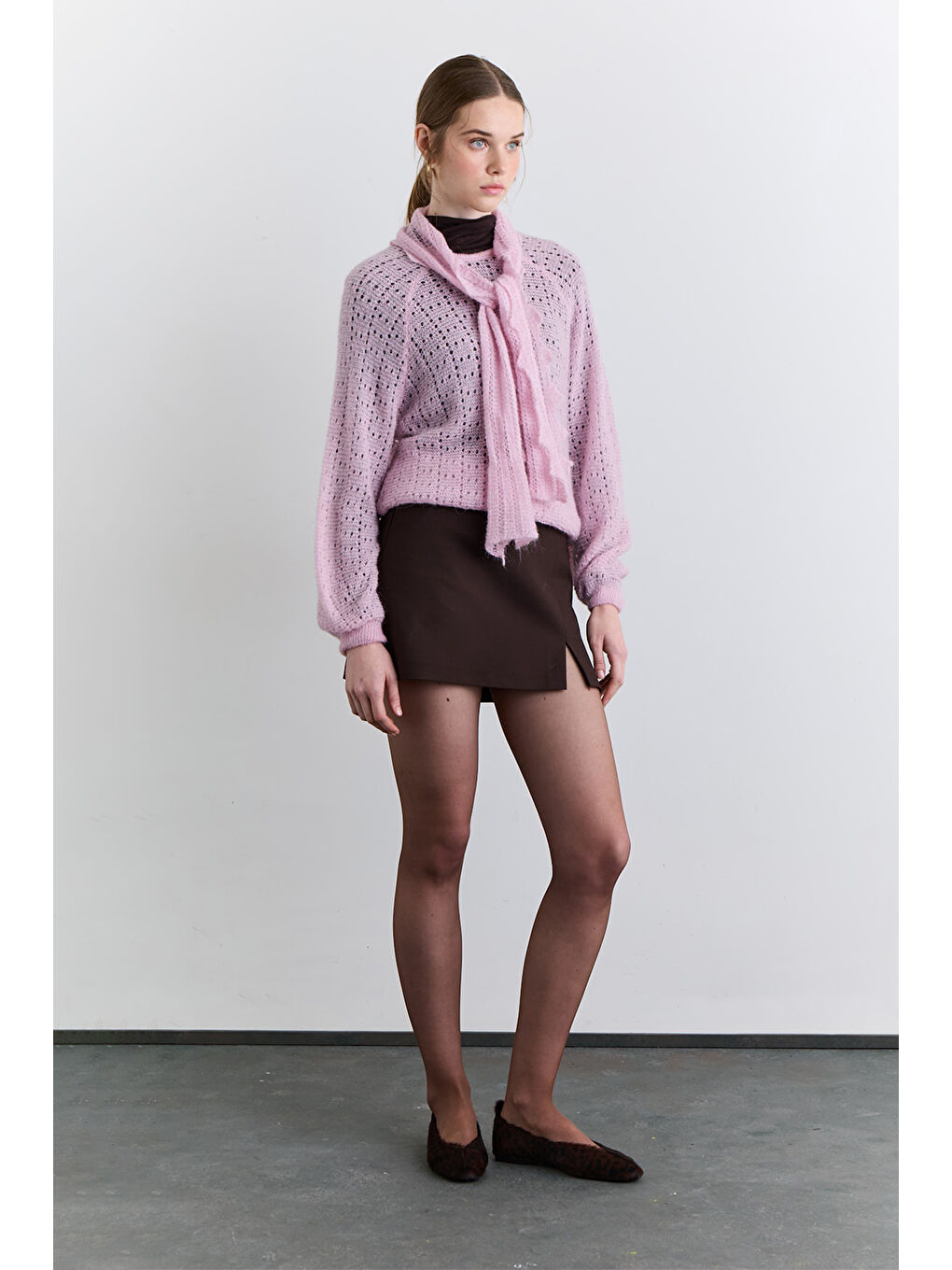 Bağlama Yakalı Ajurlu Kazak Pembe-2