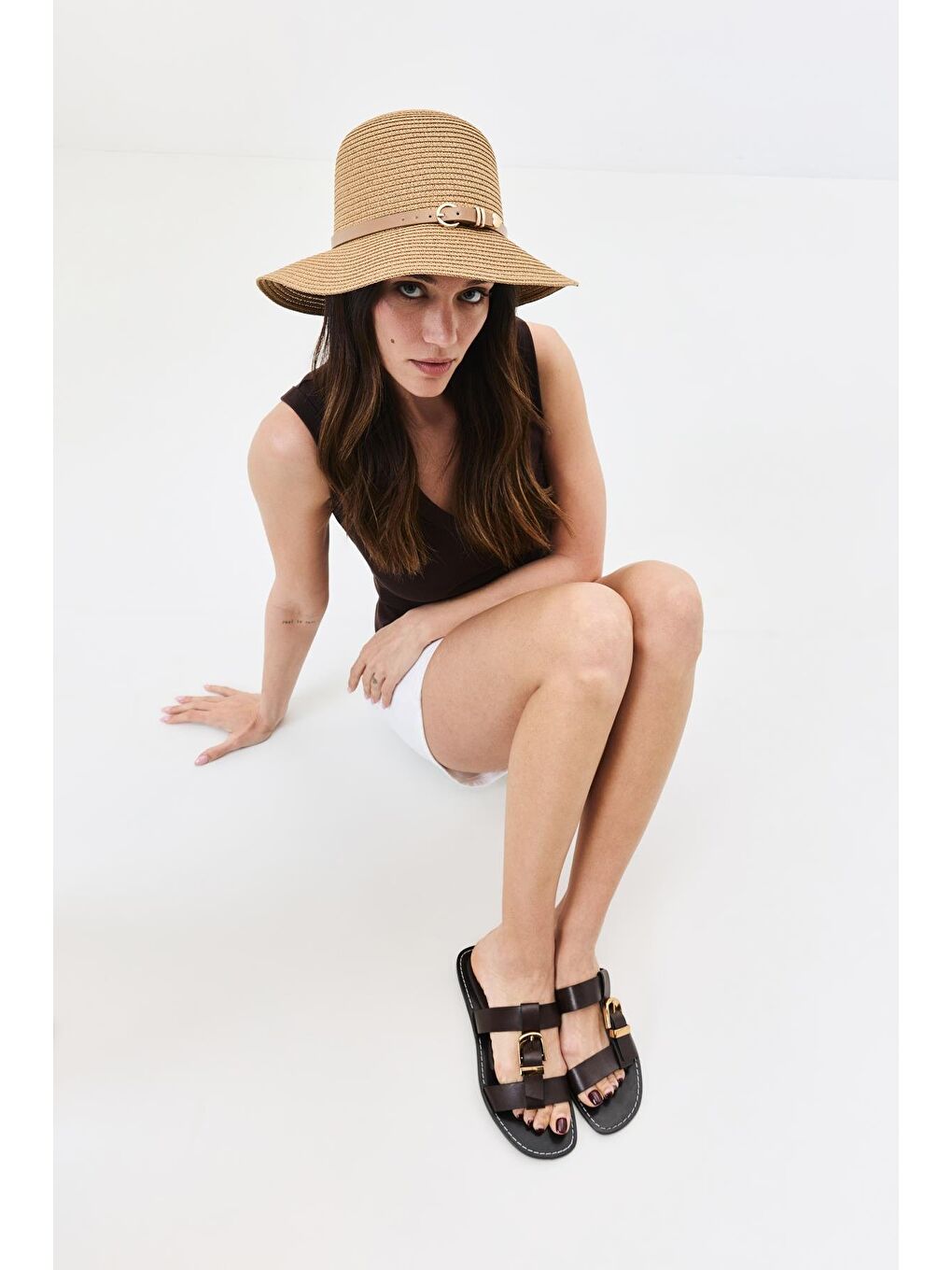 Bej Hasır Plaj Şapkası Y25730-18 Vizon-1