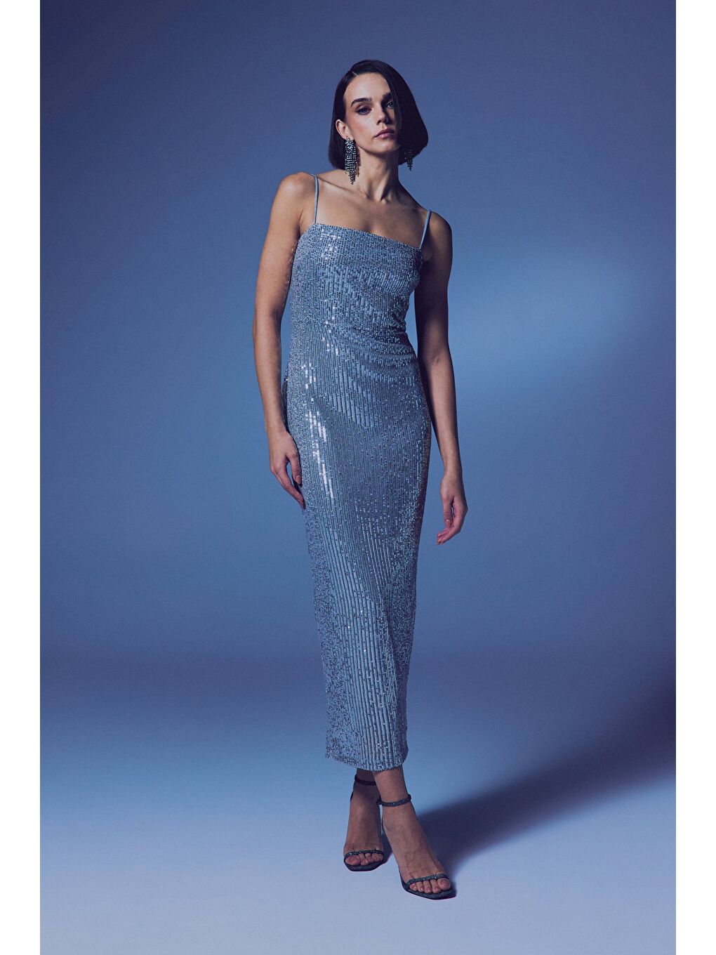 Gri Askılı Uzun Payet Elbise - Gümüş-2