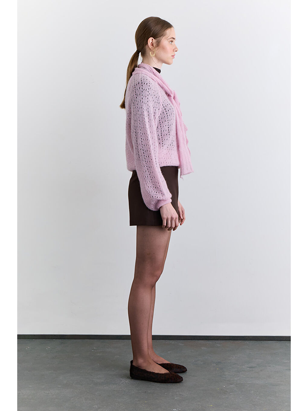 Bağlama Yakalı Ajurlu Kazak Pembe-3