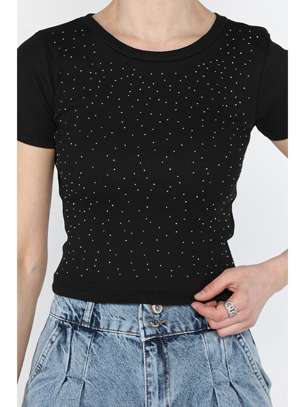 Siyah Kadın Bisiklet Yaka Taşlı Kaşkorse Bluz-3