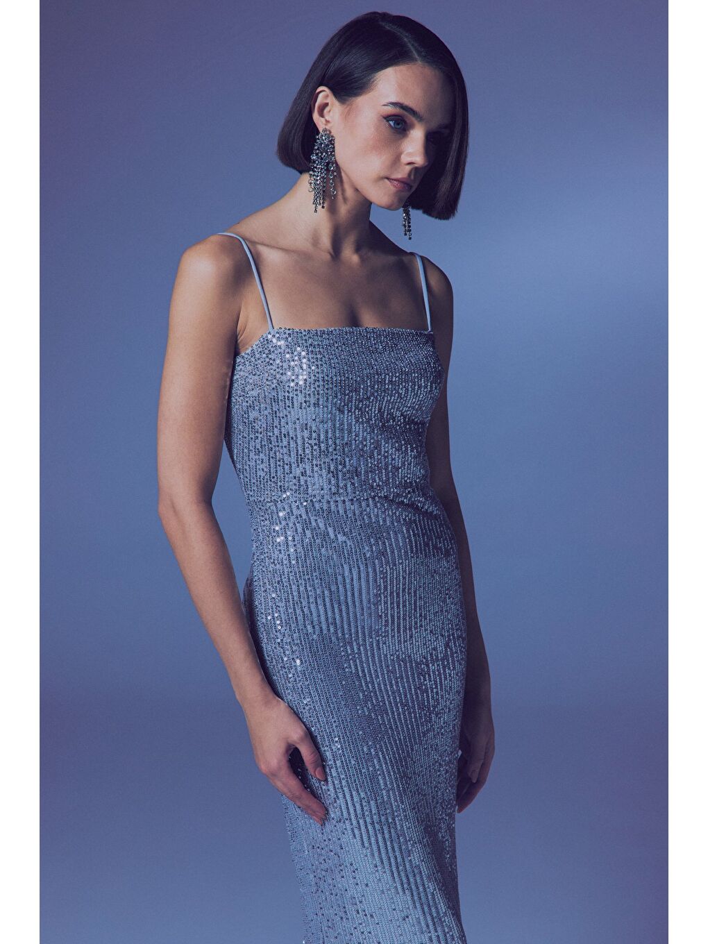 Gri Askılı Uzun Payet Elbise - Gümüş-4