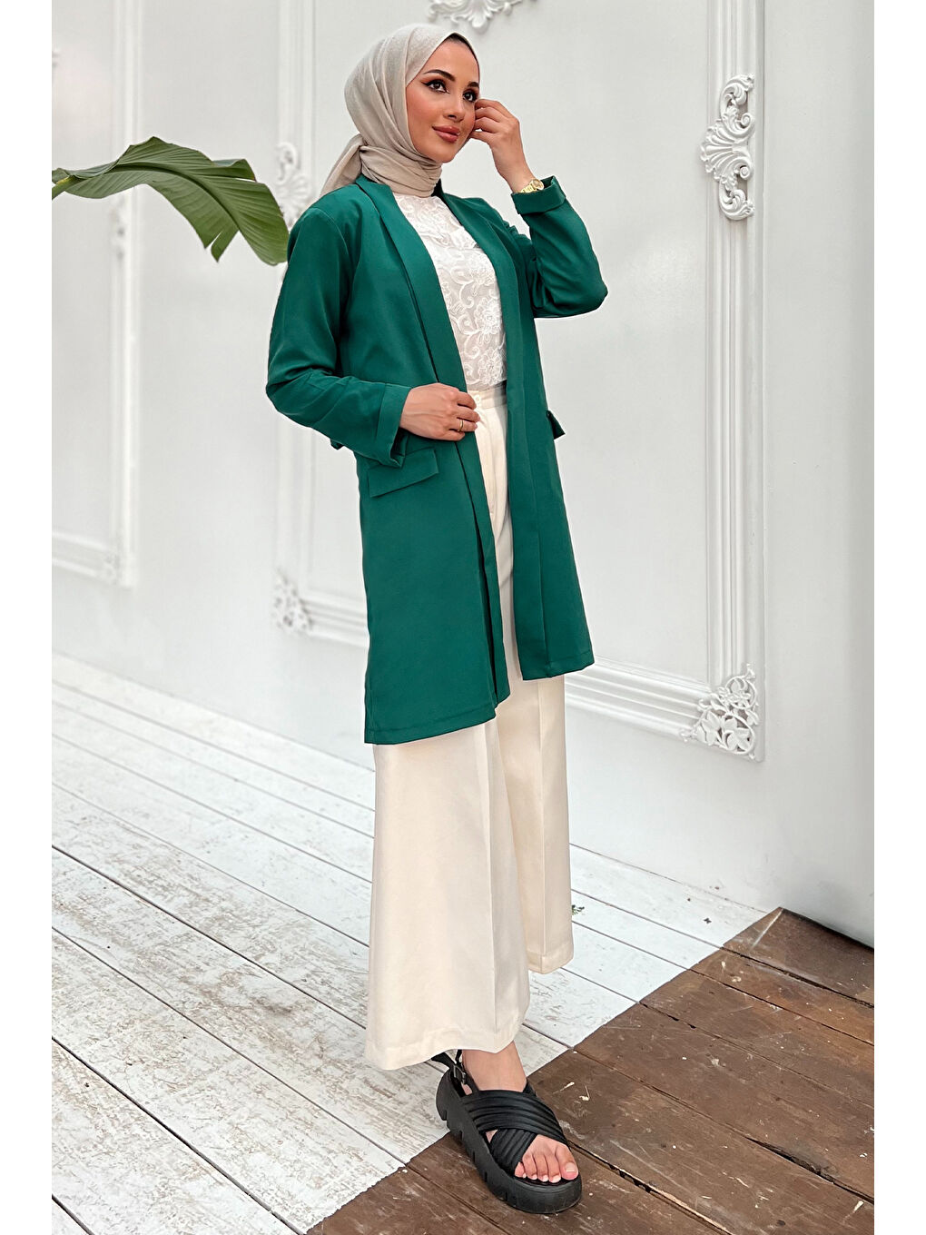 Yeşil Tesettür Kol Katlı Ceket