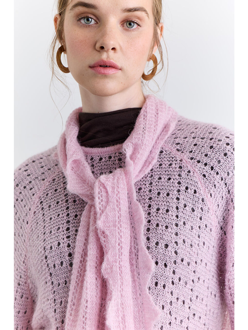 Bağlama Yakalı Ajurlu Kazak Pembe-4