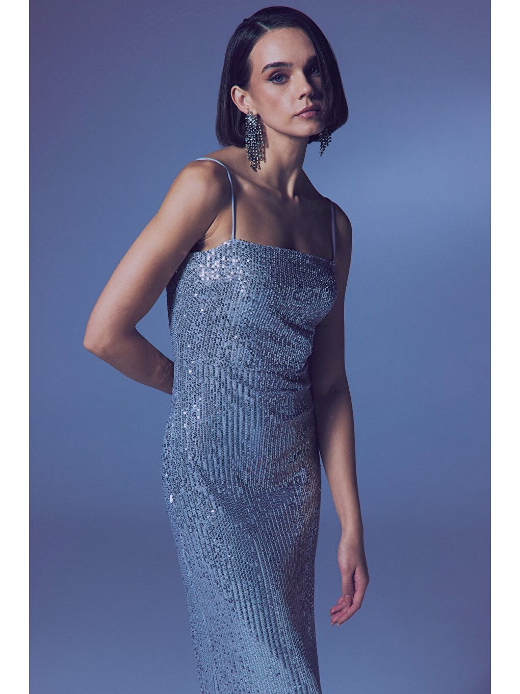 Gri Askılı Uzun Payet Elbise - Gümüş-5