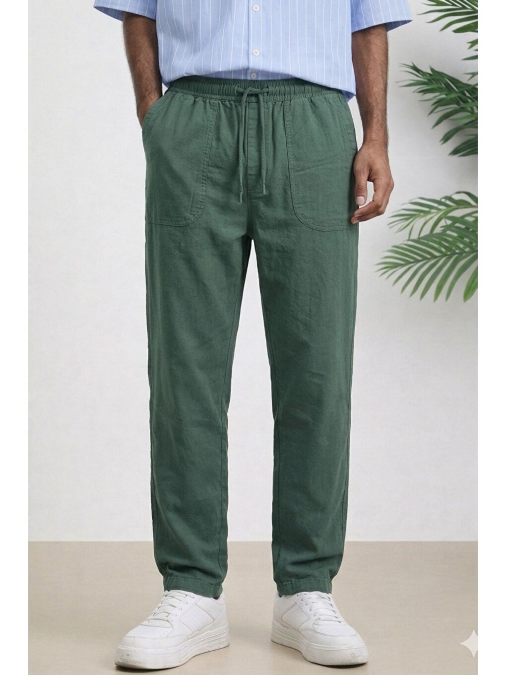 Haki Lacivert Renk Erkek Yazlık Keten Karışımı Relaxed Pantolon