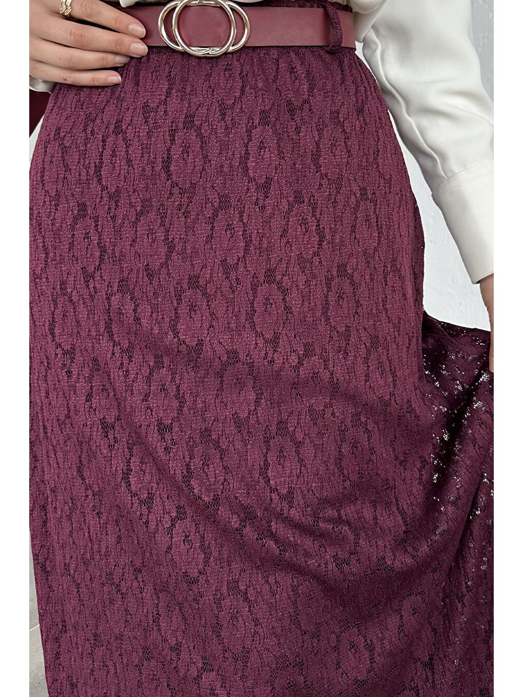 Bordo Bel Lastikli Güpürlü Kemer Aksesuarlı Elastanlı Tesettür Etek-7