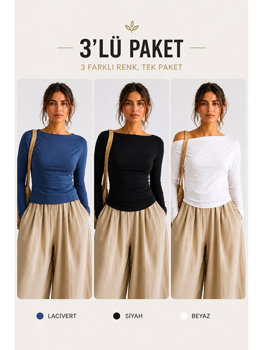 Lacivert Kadın Casual Pamuklu Uzun Kol 3 Lü Bluz