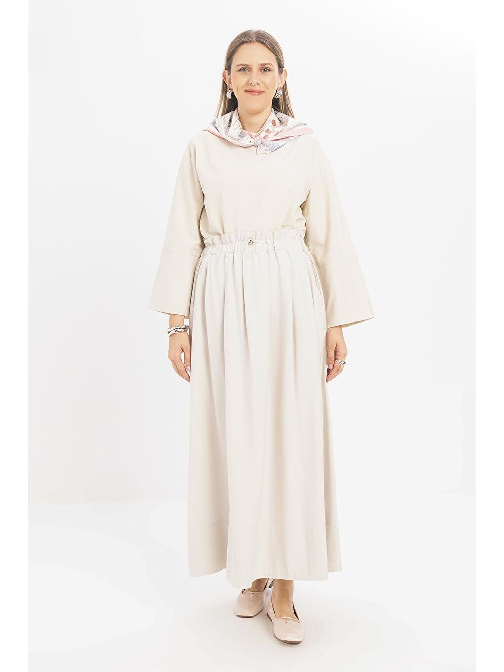 Bej Taş-Belden Büzmeli Etek Ucu Geniş Katlamalı Etek-1