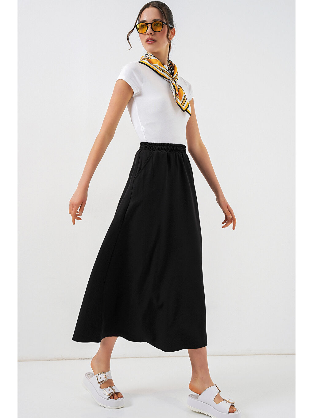 Kadın Beli Lastikli Uzun Etek 8072 - Siyah