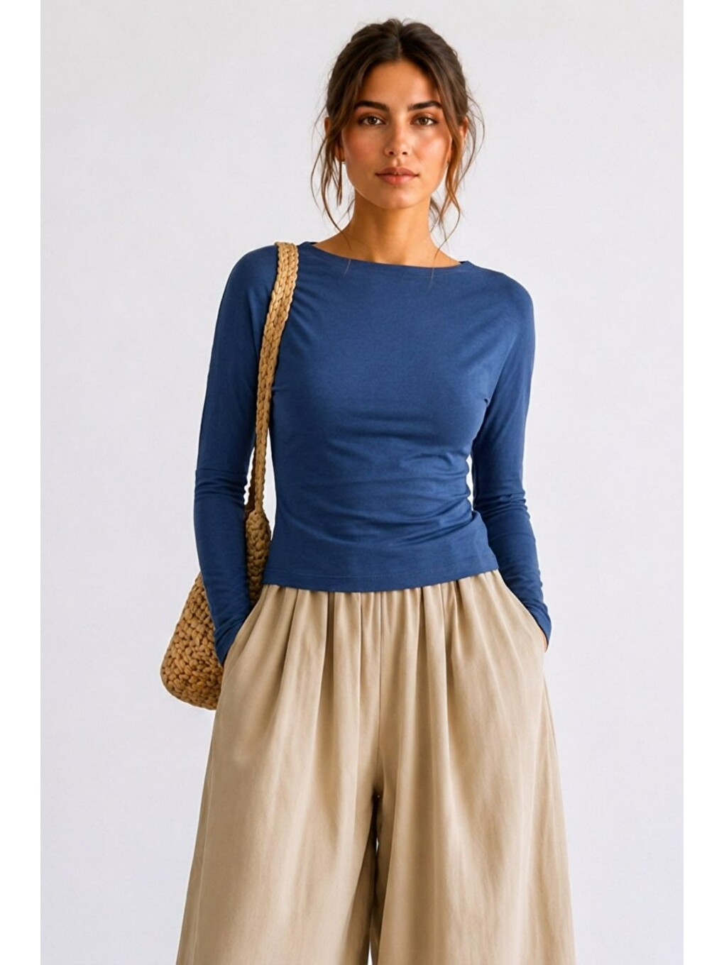 Lacivert Kadın Casual Pamuklu Uzun Kol 3 Lü Bluz-3