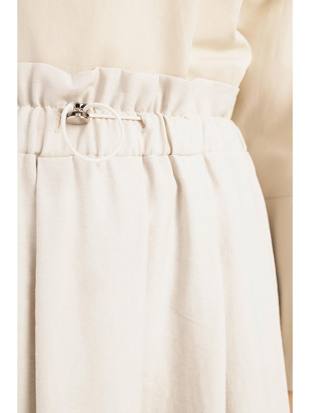 Bej Taş-Belden Büzmeli Etek Ucu Geniş Katlamalı Etek-4