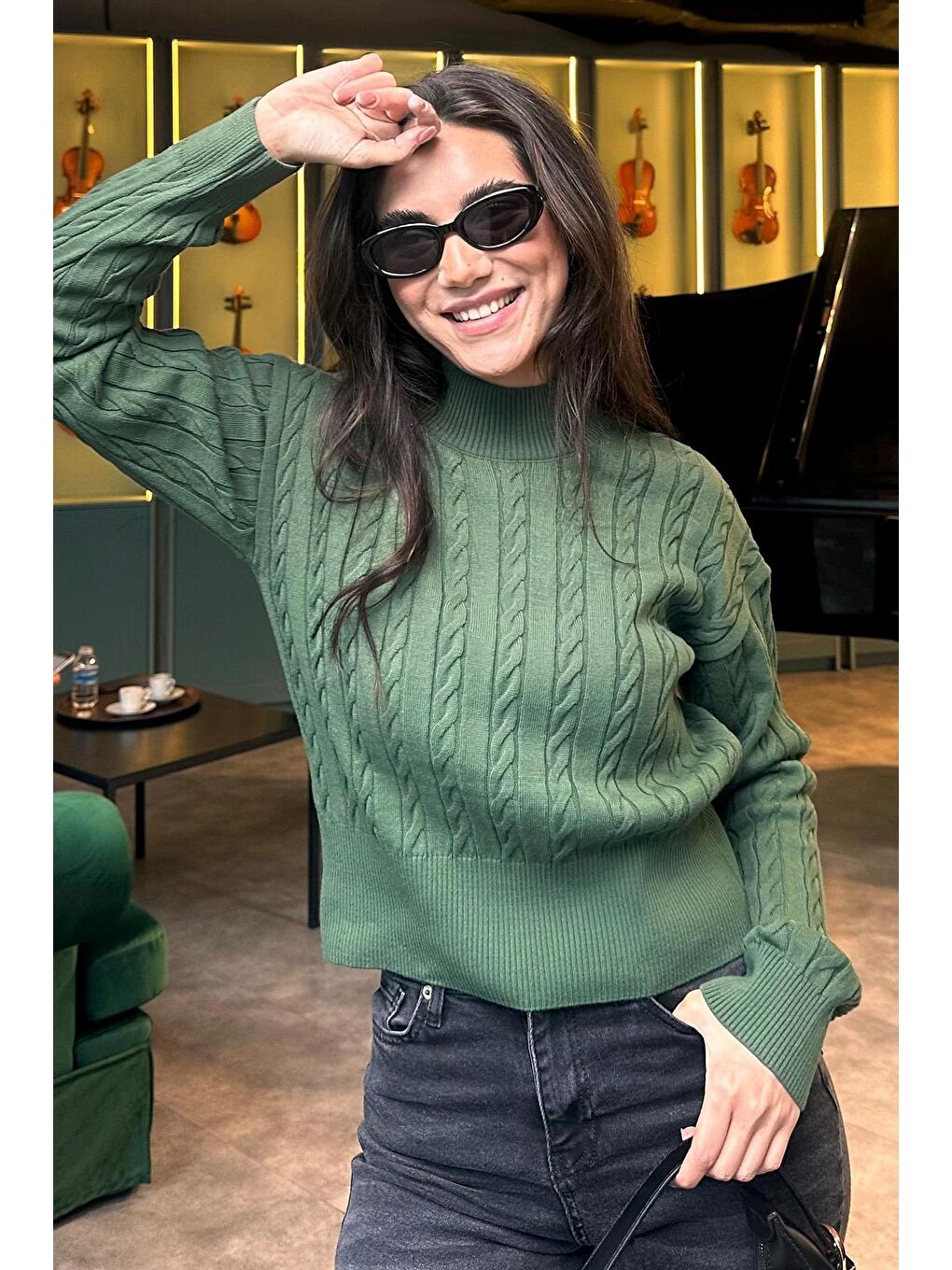 Yeşil Yarım Balıkçı Yaka Örgülü Triko Kadın Kazak Mg2257