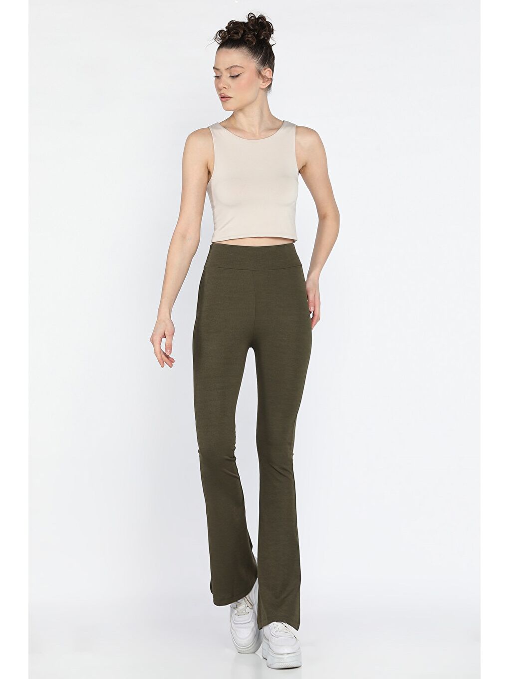 Haki Kadın Yüksek Bel İspanyol Paça Fitilli Tayt