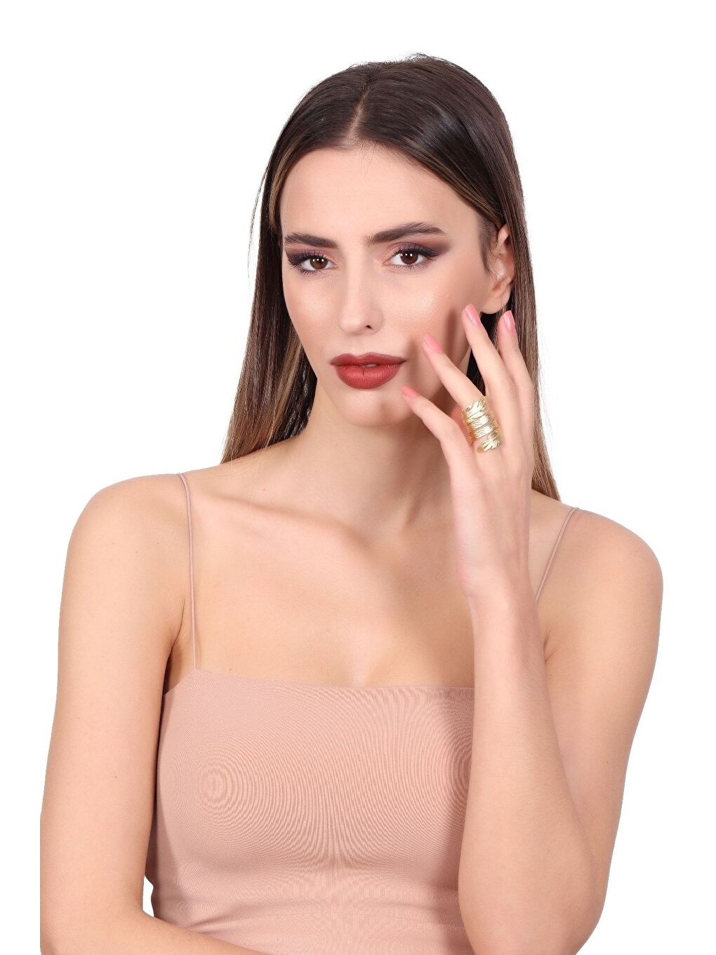 Sarı Kadın Altın Renk Kaplama Ayarlanabilir Dolama Formlu Yaprak Yüzük-3