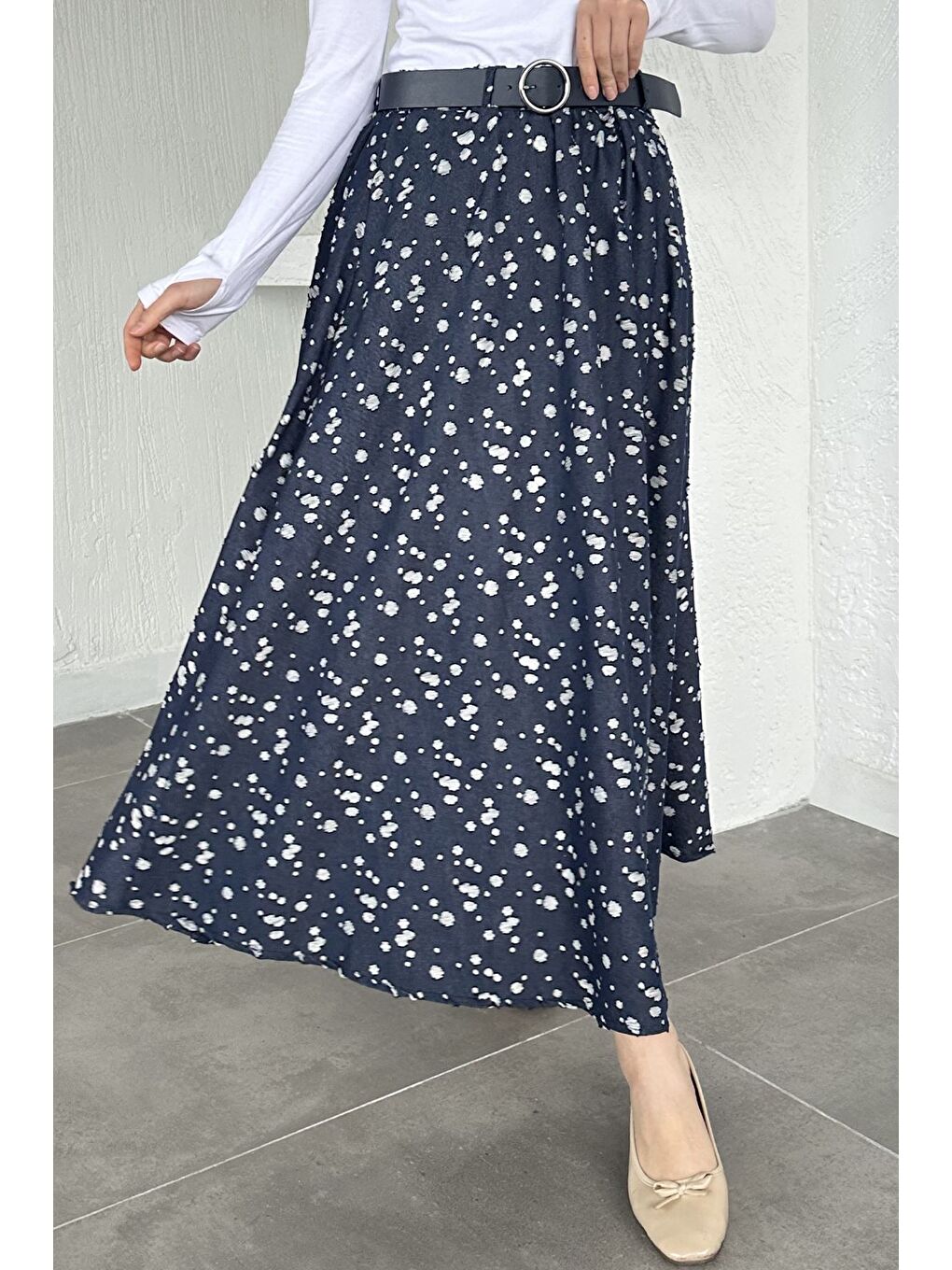 Lacivert Gülseli Bel Lastikli Astarlı Tesettür Jean Etek