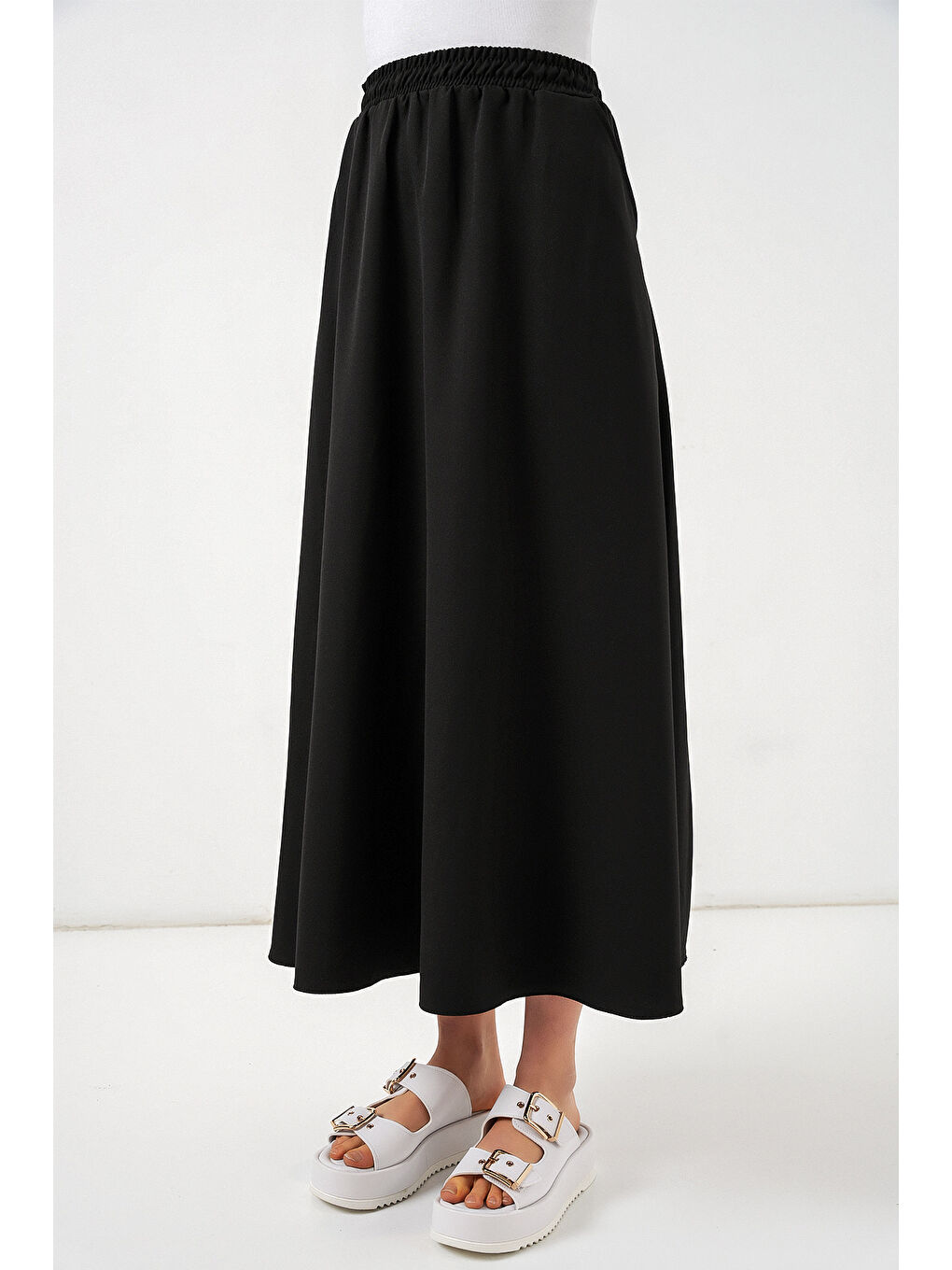 Kadın Beli Lastikli Uzun Etek 8072 - Siyah-1