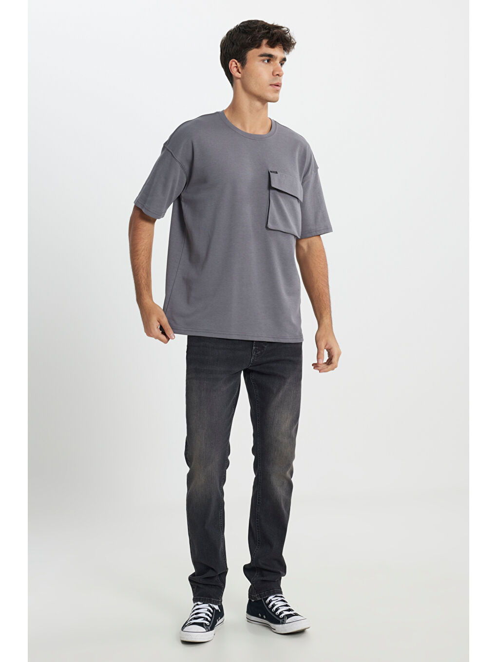 Antrasit Loose Fit Rahat Kesim Bisiklet Yaka Siyah Tişört-1