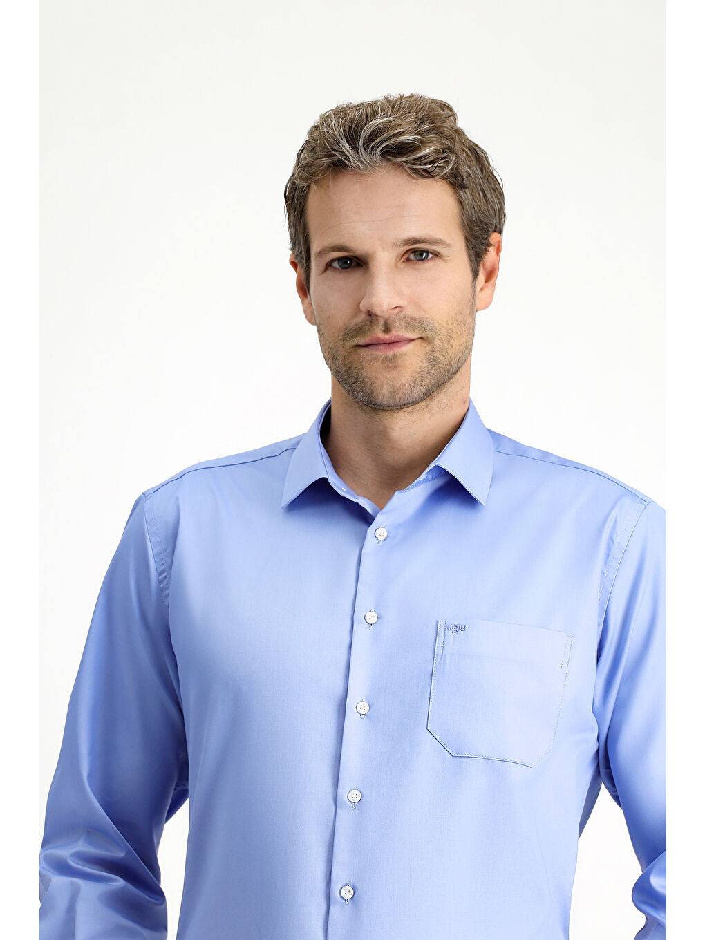 Mavi Uzun Kol Non Iron Saten Klasik Pamuklu Gömlek-2