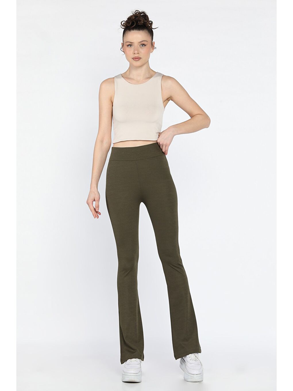 Haki Kadın Yüksek Bel İspanyol Paça Fitilli Tayt-1