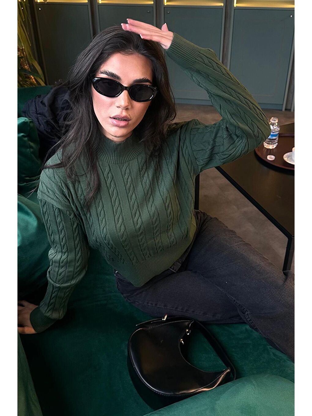 Yeşil Yarım Balıkçı Yaka Örgülü Triko Kadın Kazak Mg2257-1