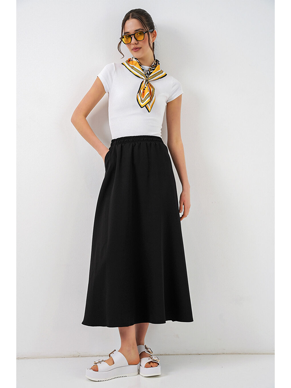 Kadın Beli Lastikli Uzun Etek 8072 - Siyah-2