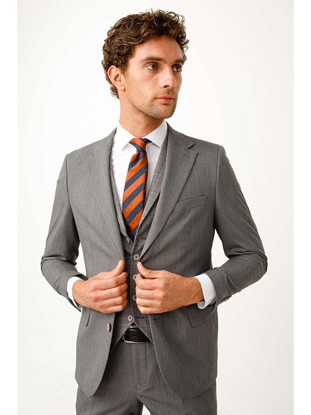 Erkek Gri  / Rahat Kalıp Geniş Mono Kombinli Takım Elbise-5