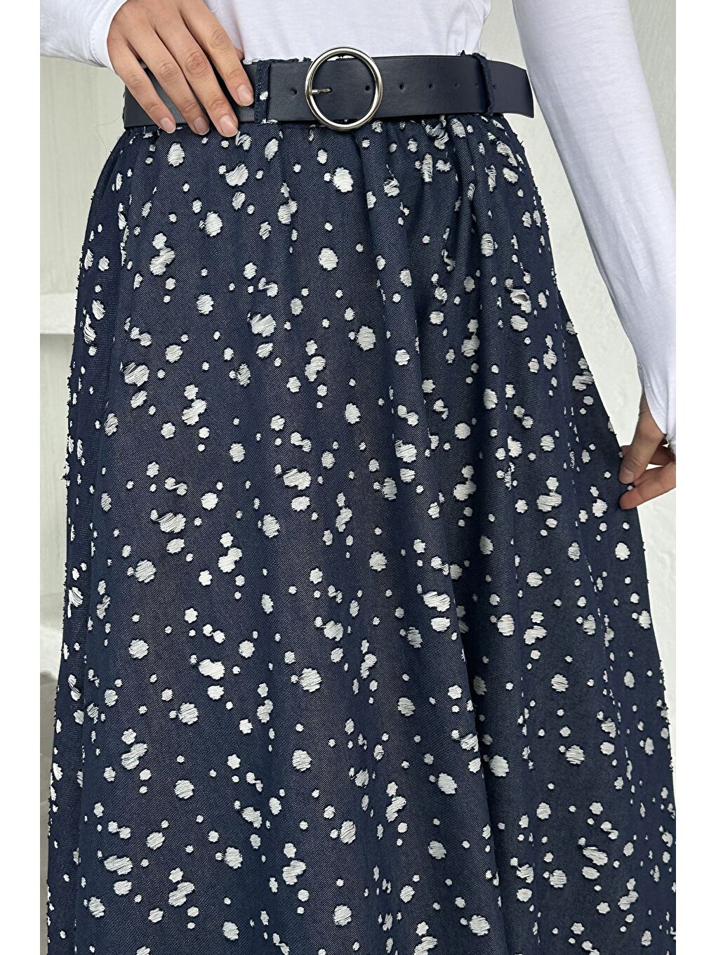 Lacivert Gülseli Bel Lastikli Astarlı Tesettür Jean Etek-2