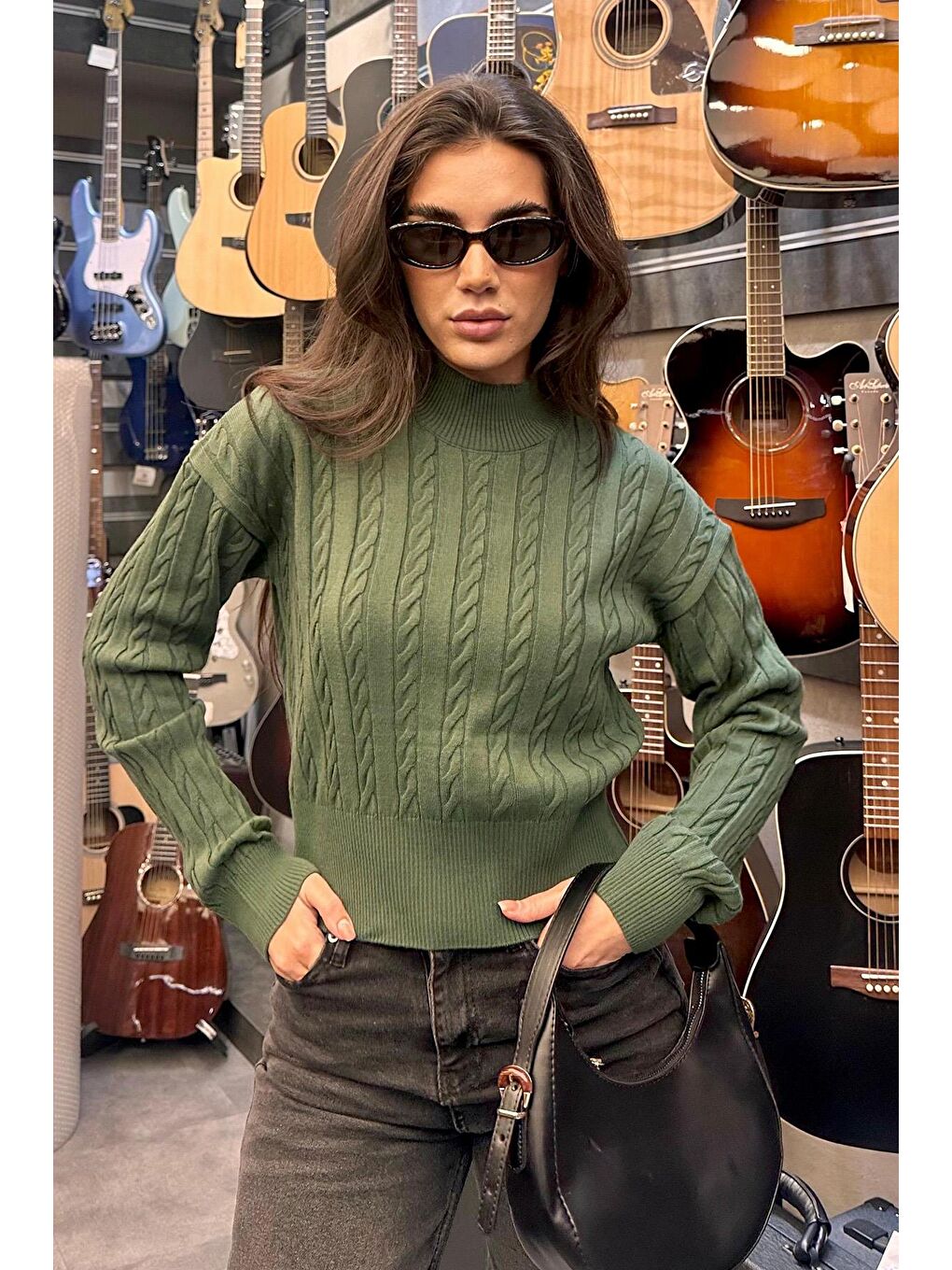 Yeşil Yarım Balıkçı Yaka Örgülü Triko Kadın Kazak Mg2257-2