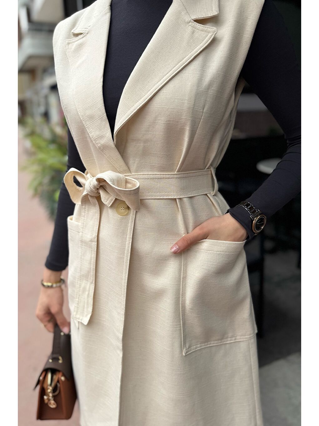 Bej Bel Kuşaklı Astarlı Tesettür Yelek-4