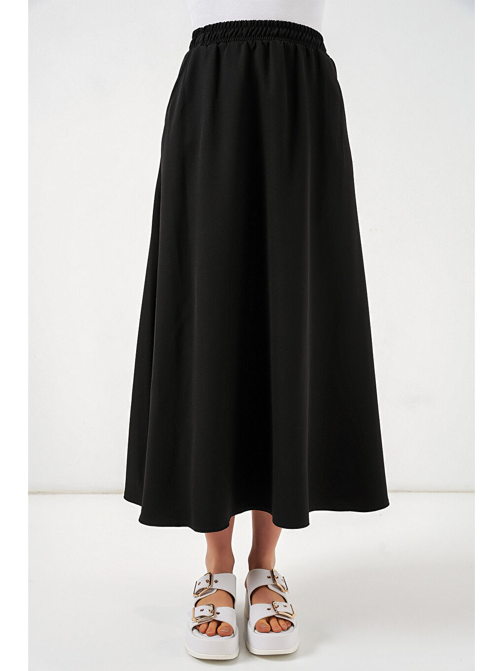 Kadın Beli Lastikli Uzun Etek 8072 - Siyah-3