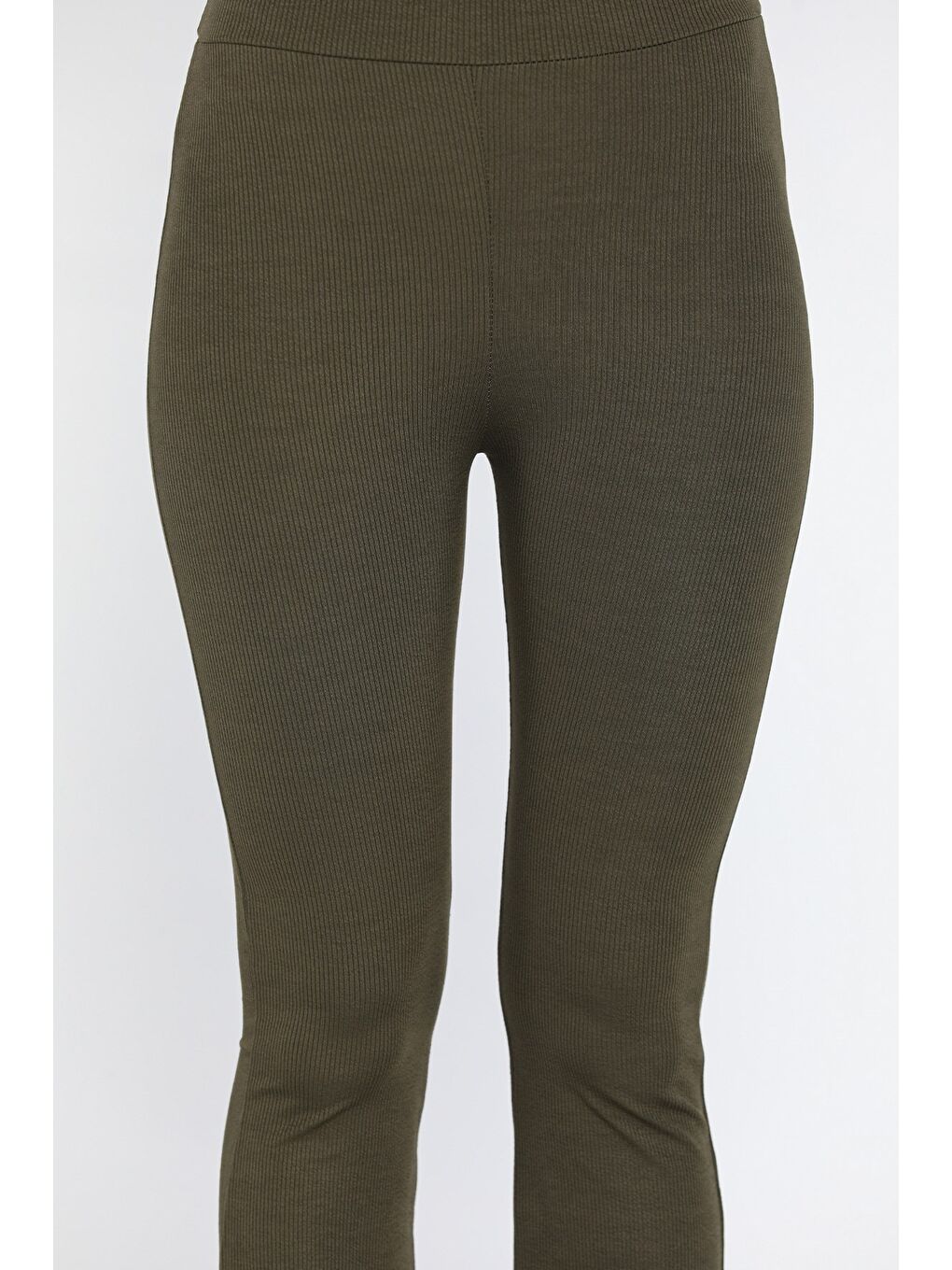 Haki Kadın Yüksek Bel İspanyol Paça Fitilli Tayt-3