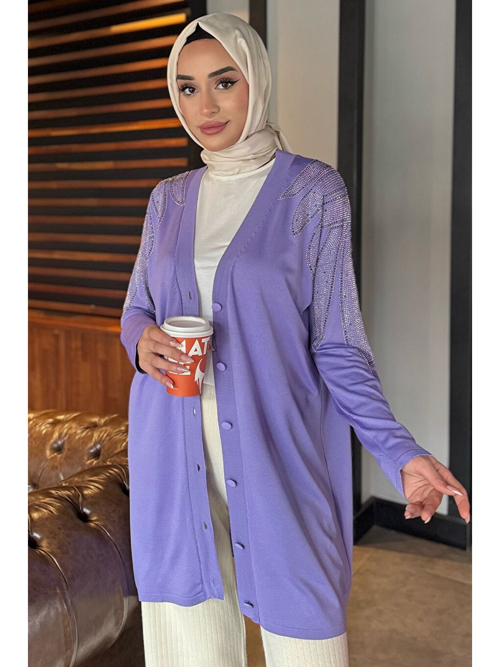 Lila Omuz Taşlı Tesettür Triko Hırka-2