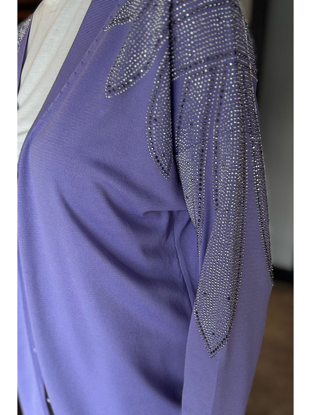 Lila Omuz Taşlı Tesettür Triko Hırka-5