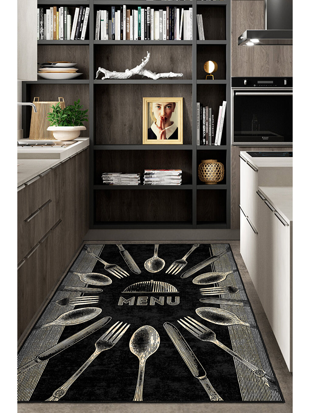 Siyah Dekoratif Özel Tasarım Yıkanabilir İnce Kaymaz Tabanlı Modern Halı KECE FR41-2