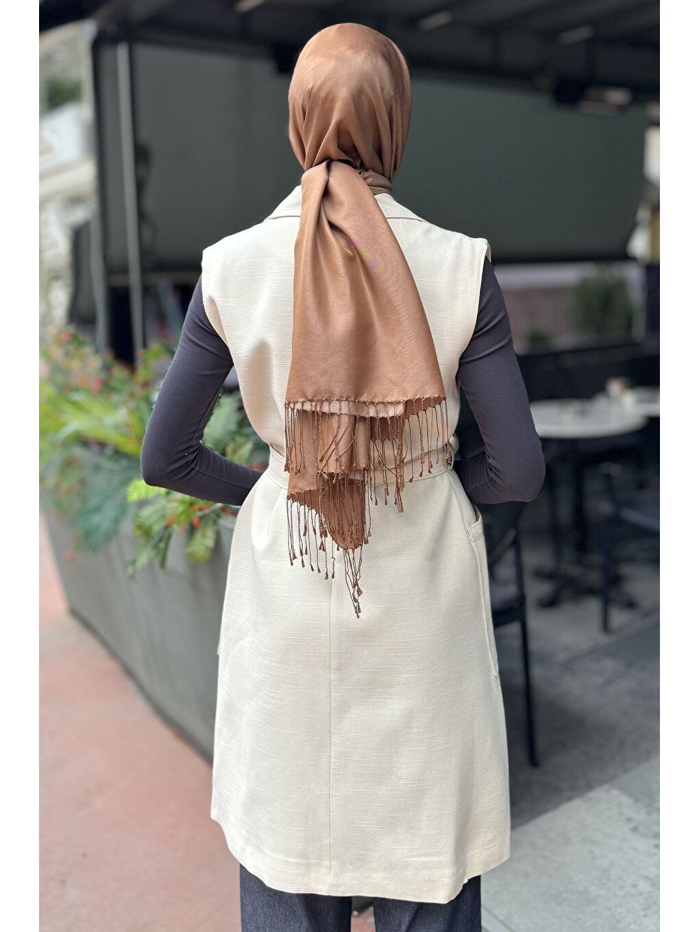 Bej Bel Kuşaklı Astarlı Tesettür Yelek-7