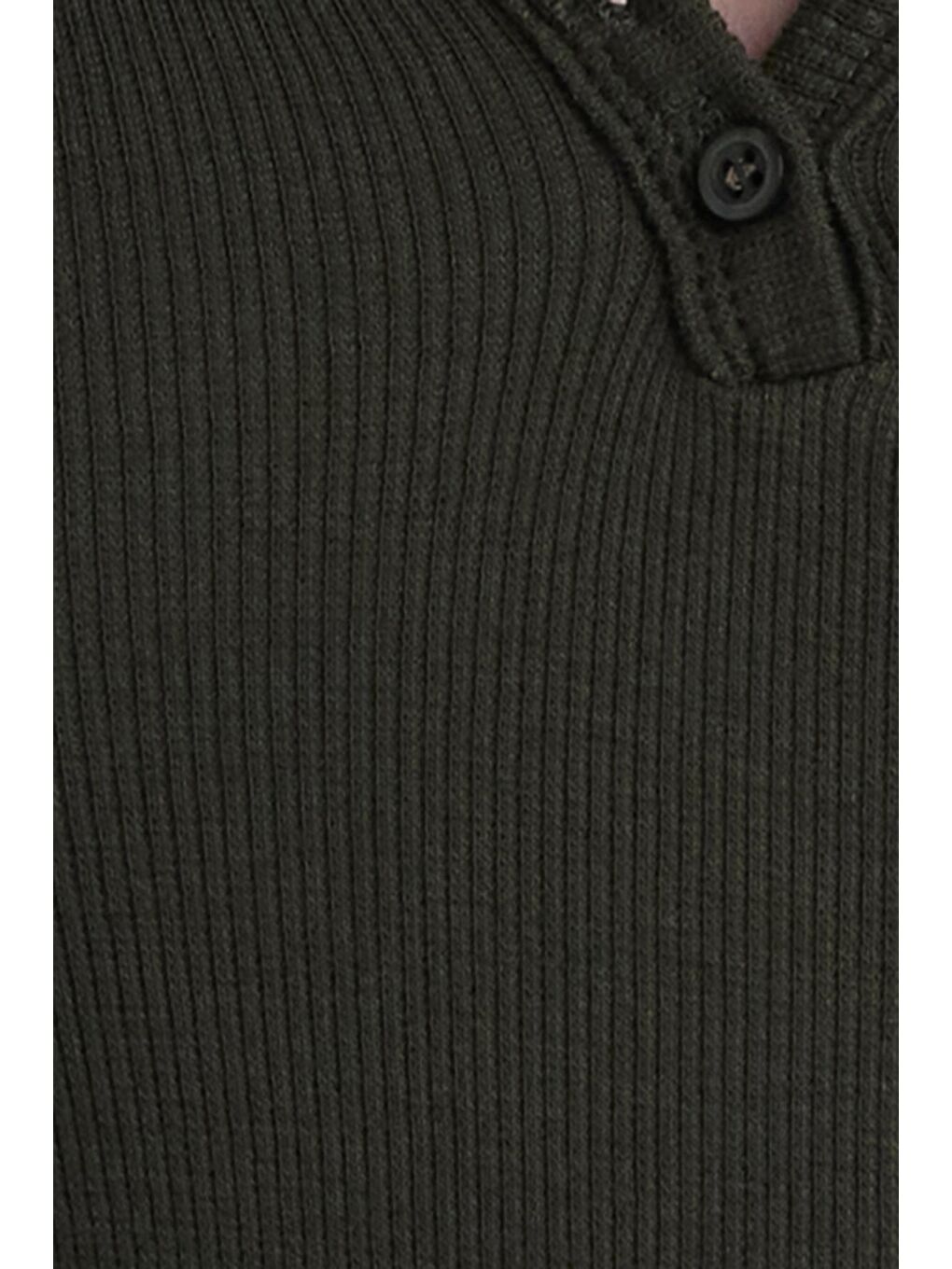 Kadın Slim Fit Dar Kesim Pamuklu V Yaka Haki Bluz-5