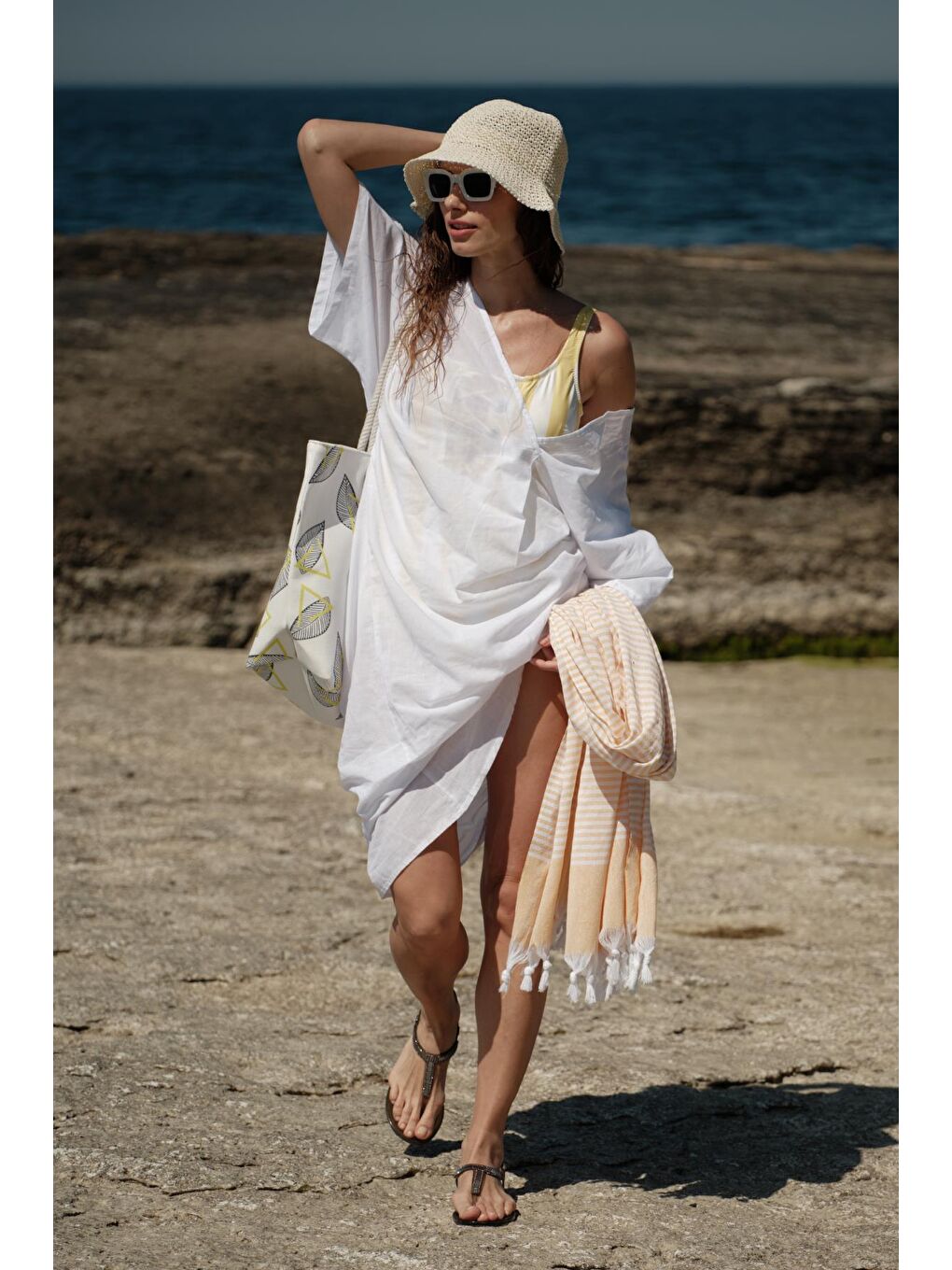 Ekru Örgü Hasır Plaj Şapkası Y25730-26 Krem-1