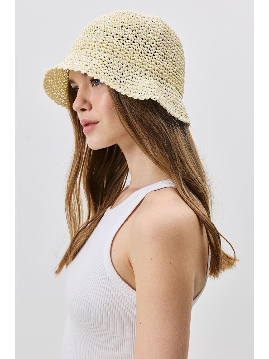 Ekru Örgü Hasır Plaj Şapkası Y25730-26 Krem-2