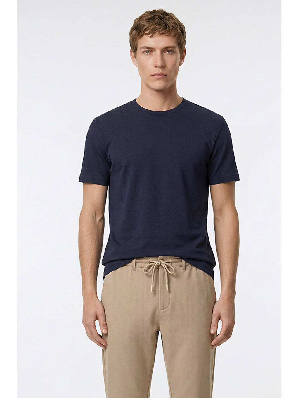 Erkek Lacivert Pamuklu Slim Fit Dar Kesim Bisiklet Yaka Tişört-2
