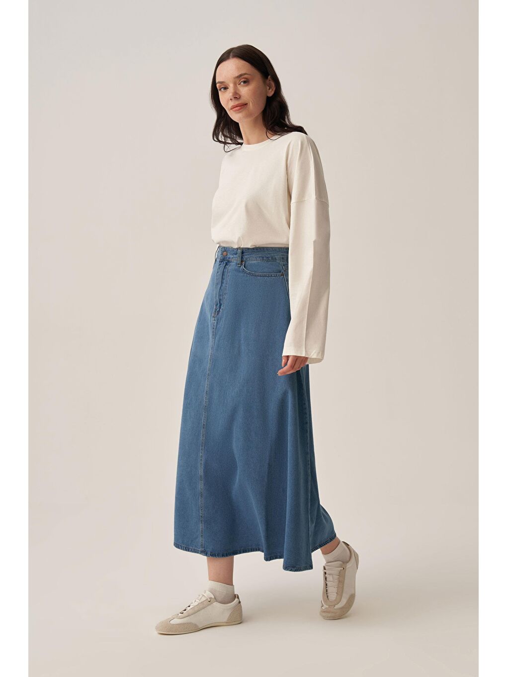 Açık Mavi-5 Cep Kloş Denim Etek-1