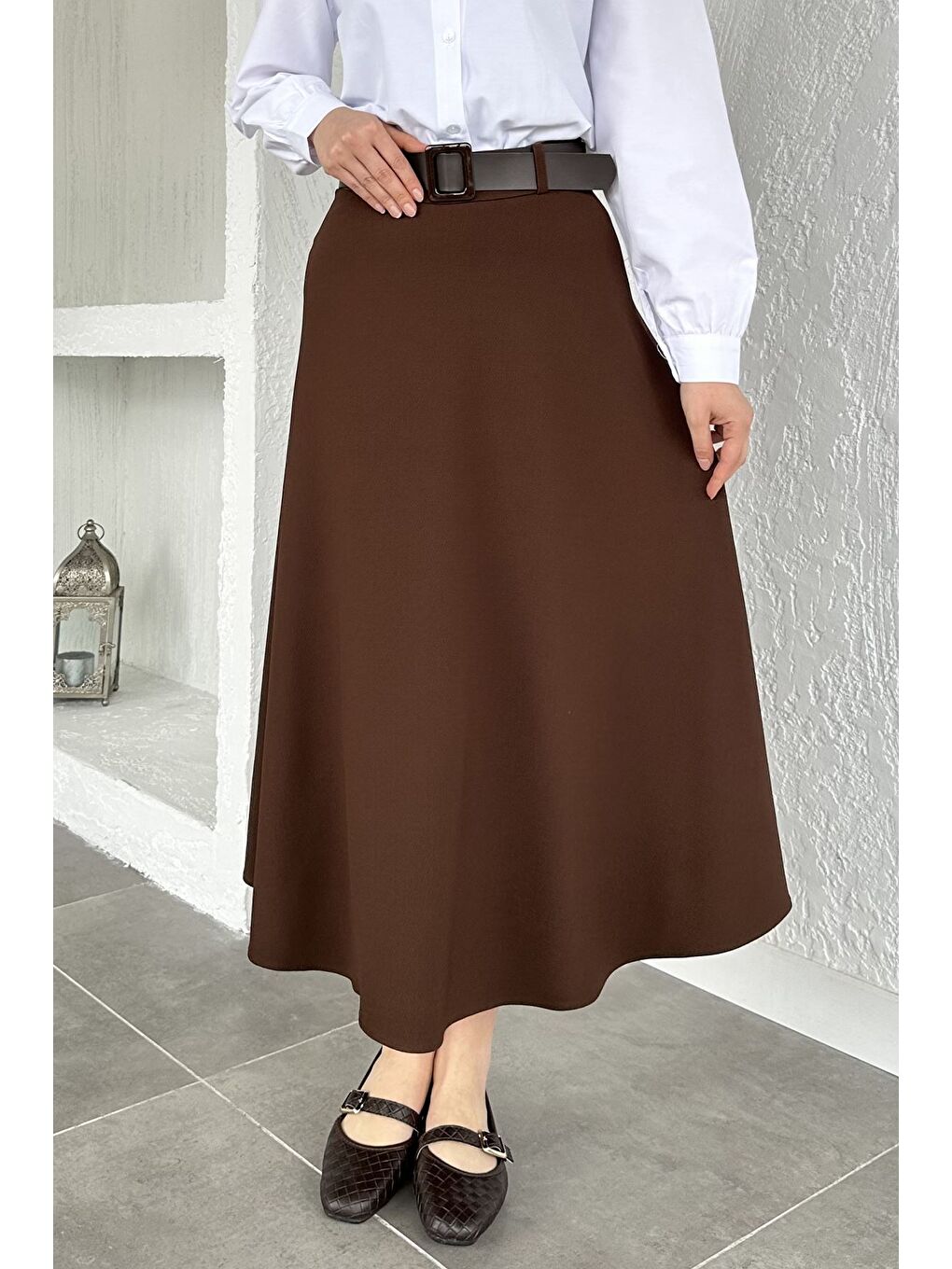 Kahverengi Kemer Aksesuarlı Tesettür Kiloş Etek-2