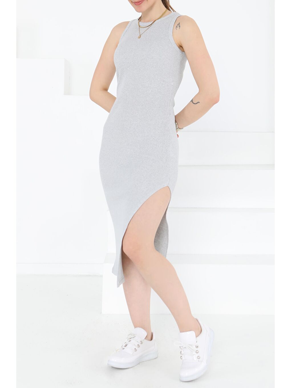 Yırtmaçlı Elbise Gri - 27234-1