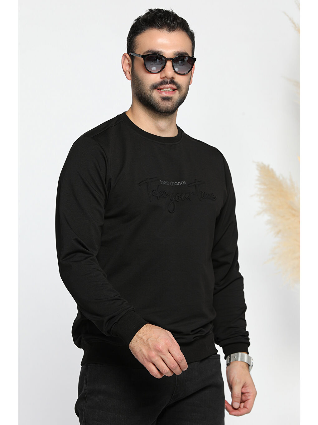 Mishar İtalia Siyah Erkek Bisiklet Yaka Yazı Kabartmalı Sweatshirt - 1