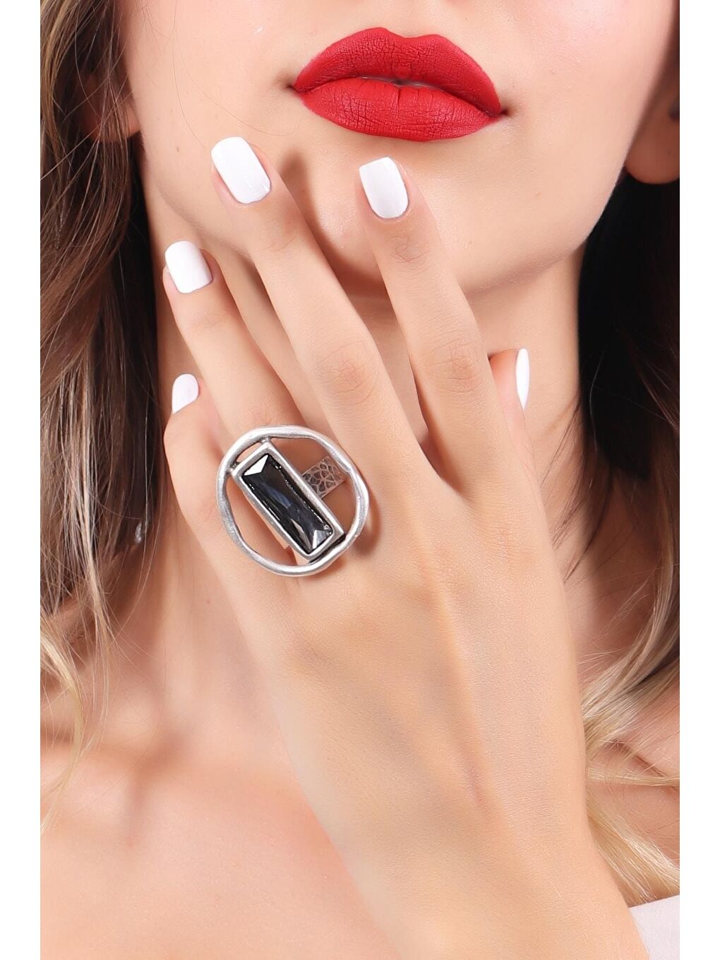 Antrasit Kadın Antik Gümüş Kaplama Taşlı Saturn Yüzük-2