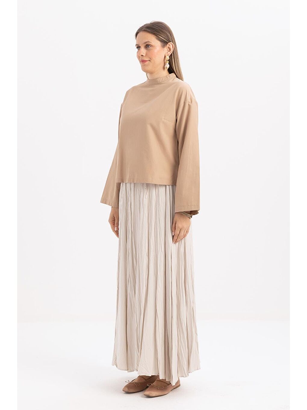 Bej Taş-Kraşlı Lastikli Basic Etek-1